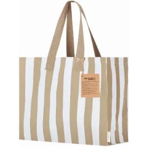 A tote bag featuring alternating white and beige stripes, with long handles and a small tag on one side.