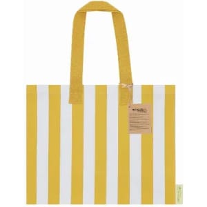 A tote bag with yellow and white stripes, featuring two yellow handles and a tag attached.