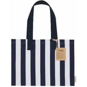 A striped tote bag featuring navy and white vertical stripes, with two sturdy handles and a tag attached.