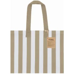 A tote bag features vertical white and beige stripes with textured handles and a tan tag.