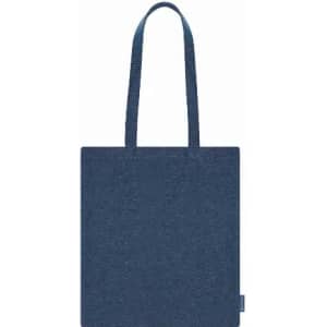 A tote bag in navy blue with two handles, featuring a simple design and no visible branding.