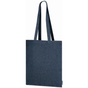 A tote bag in dark navy blue with two long handles and a simple design. Includes a logo on the side.