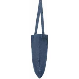 A denim tote bag with two straps and a tapered design, featuring a simple and clean look.