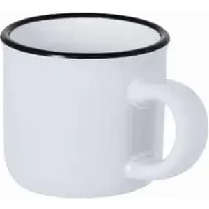 A white mug with a black rim and a curved handle, featuring a simple design.