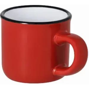 A red mug with a black rim and a sturdy handle. It has a glossy finish and a minimalist design.