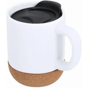 A drink bottle featuring a white body with a cork base and a black lid. It has a handle for easy carrying.