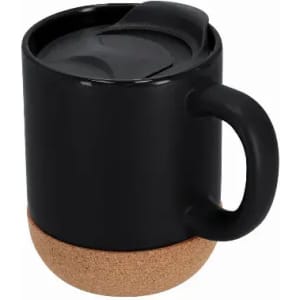 A drink bottle with a black ceramic upper and a cork base, featuring a lid and a handle.