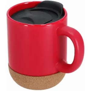 A red drink mug with a black lid and a cork base, featuring a handle and a simple design.