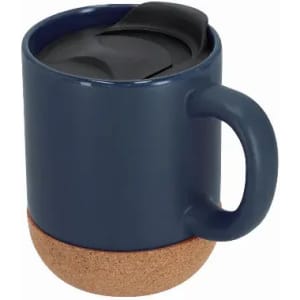 A drink bottle with a navy blue exterior and a cork bottom, featuring a black lid.