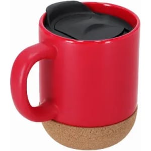A drink bottle in red with a cork base and a black lid. It features a handle and a smooth finish.