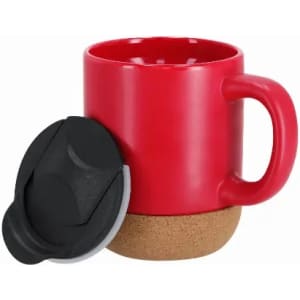 A red drink mug with a cork base and a black lid. The mug has a handle and a smooth finish.