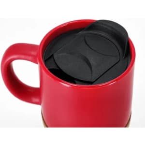 A red drink bottle with a black lid, featuring a handle and a smooth surface.