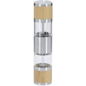 A drink bottle with a clear body, silver accents, and bamboo details at both ends.