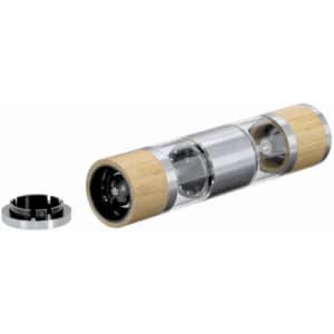 A drink bottle with transparent body, bamboo ends, and a black cap, featuring a sleek modern design.