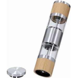 A drink bottle with a clear cylindrical body, stainless steel accents, and bamboo ends. It includes a screw-on cap.