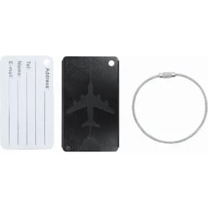 A luggage tag set featuring a black tag with an airplane design, a white tag for personal details, and a metal loop.