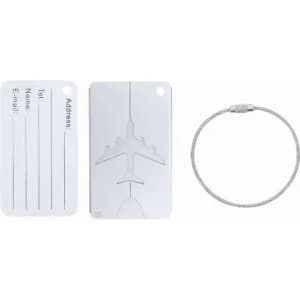 A luggage tag set in white featuring an embossed airplane design and a metal attachment loop.