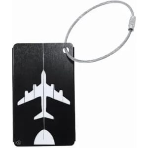 A luggage tag featuring a black and white design of an airplane, attached with a metal loop.