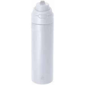 A drink bottle in a sleek, matte light grey finish with a screw cap and a logo.