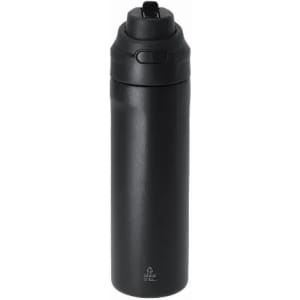 A drink bottle in matte black with a screw-top lid and a flip spout, featuring a logo.