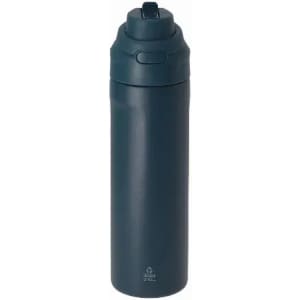 A drink bottle in dark blue, featuring a flip-top lid and a sleek, minimalist design. It has a logo on the side.