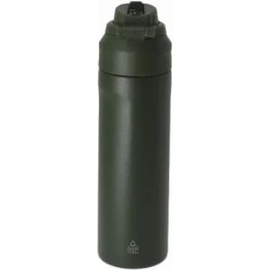 A drink bottle in olive green with a secure lid and a compact design, featuring a branding logo.