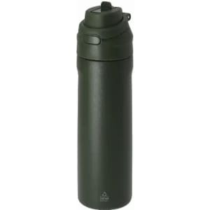 A drink bottle in dark green with a screw-top lid and a branded logo.