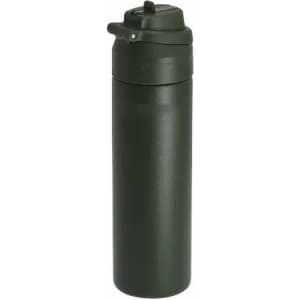 A drink bottle in dark green with a push-button lid and a slim design. It features a logo at the top.