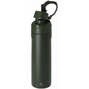 A drink bottle in a dark green colour with a flip-top lid and a carrying handle, featuring a logo.