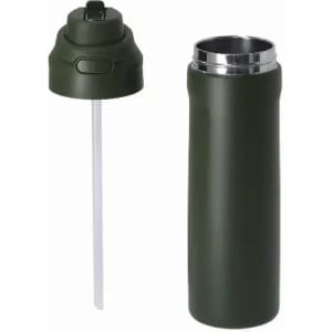 A drink bottle in dark green with a silver inner lining and a removable lid featuring a straw.