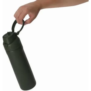 A drink bottle in an olive green colour with a carrying handle, being held by a hand. It features a logo.
