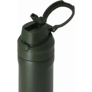 A drink bottle in olive green with a flip-top lid and a plastic closure, featuring a logo.