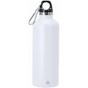 A drink bottle in white with a black lid and a metal carabiner attached. It features a logo on the surface.
