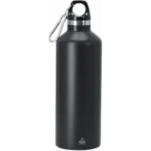 A drink bottle in matte black stainless steel with a carabiner clip and a rounded shape. It features a logo.