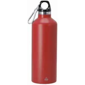 A drink bottle in a vibrant red colour, featuring a silver cap and a hook for attachment. It has a logo.