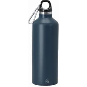 A drink bottle in dark blue with a silver collar and a carabiner attachment. It features a logo on the body.