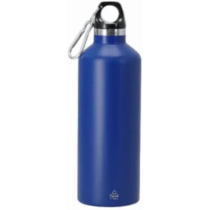 A drink bottle in a deep blue colour with a silver accent and a metal carabiner attached to the neck.