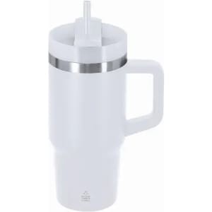 A drink bottle in white with a silver band and a straw, featuring a sturdy handle and a logo.