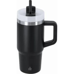 A drink bottle in black with a grey lid and a handle, featuring a straw and a branded logo.