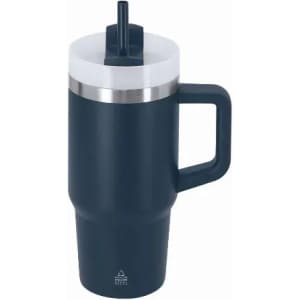 A drink bottle in navy blue and white with a stainless steel band and a handle for easy carrying.