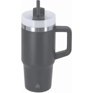 A drink bottle in dark grey with a silver band and a straw. It features a handle and has a logo on the base.