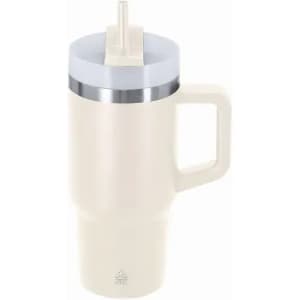 A drink bottle in cream and silver with a handle and a straw lid, featuring a logo on the side.