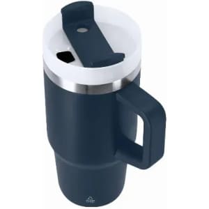 A drink bottle in navy blue with a white lid and a handle, featuring a stainless steel band.