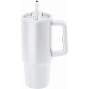 A drink bottle in white with a straw and a handle, featuring a sleek cylindrical design.