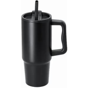 A drink bottle in black with a handle and a straw, featuring a secure lid and a sleek design.