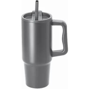 A drink bottle in grey with a handle and a straw, featuring a logo on the body.