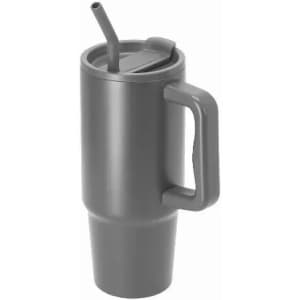 A drink bottle in grey with a handle, a removable lid, and a straw for easy sipping.