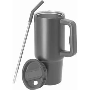A drink bottle in grey with a handle, accompanied by a straw and a lid.
