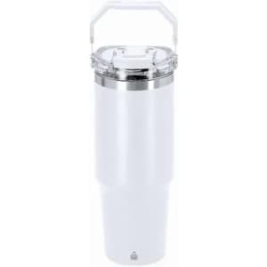 A drink bottle in white with a clear lid and a handle, featuring a metal accent at the top.