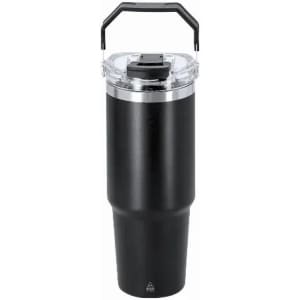 A drink bottle in black with a transparent lid and a black handle, featuring a sleek design and a logo.